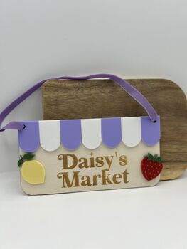 Personalised Wooden Play Kitchen Market Fruit Shop Sign Montessori Pretend Play Accessory, 6 of 6