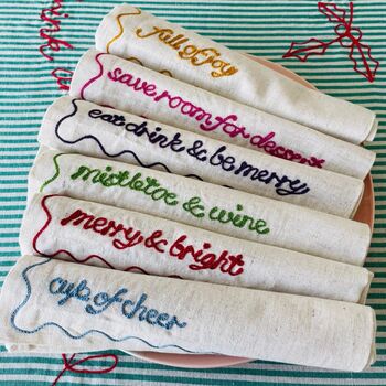 Set Of Six Embroidered Festive Phrase Napkins, 3 of 12