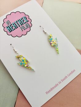 Small Light Green Glitter Lightning Bolt Earrings / Electric Green Jewellery Small Mint Statement / Pastel Flash Gift, 3 of 6