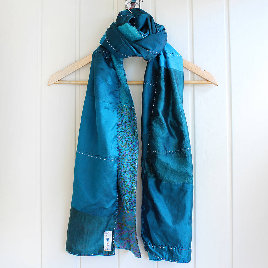 teal pure silk reversible hand stitched scarf by poppy jewellery
