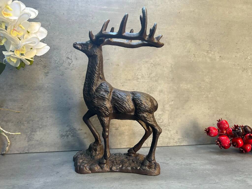 33cm Heavy Cast Iron Deer Figurine Standing Stag On Plinth, 1 of 9