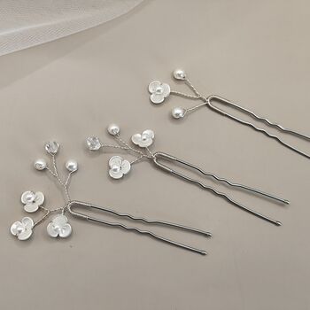 White Floral Bridal Hair Pins Set Of Three, 5 of 12