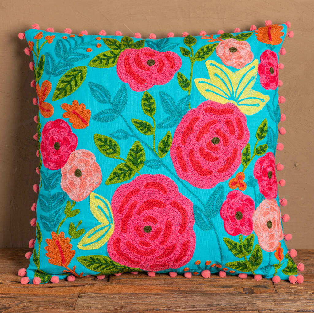 Turquoise Floral Embroidered Cotton Cushion Cover By Birch & Yarn