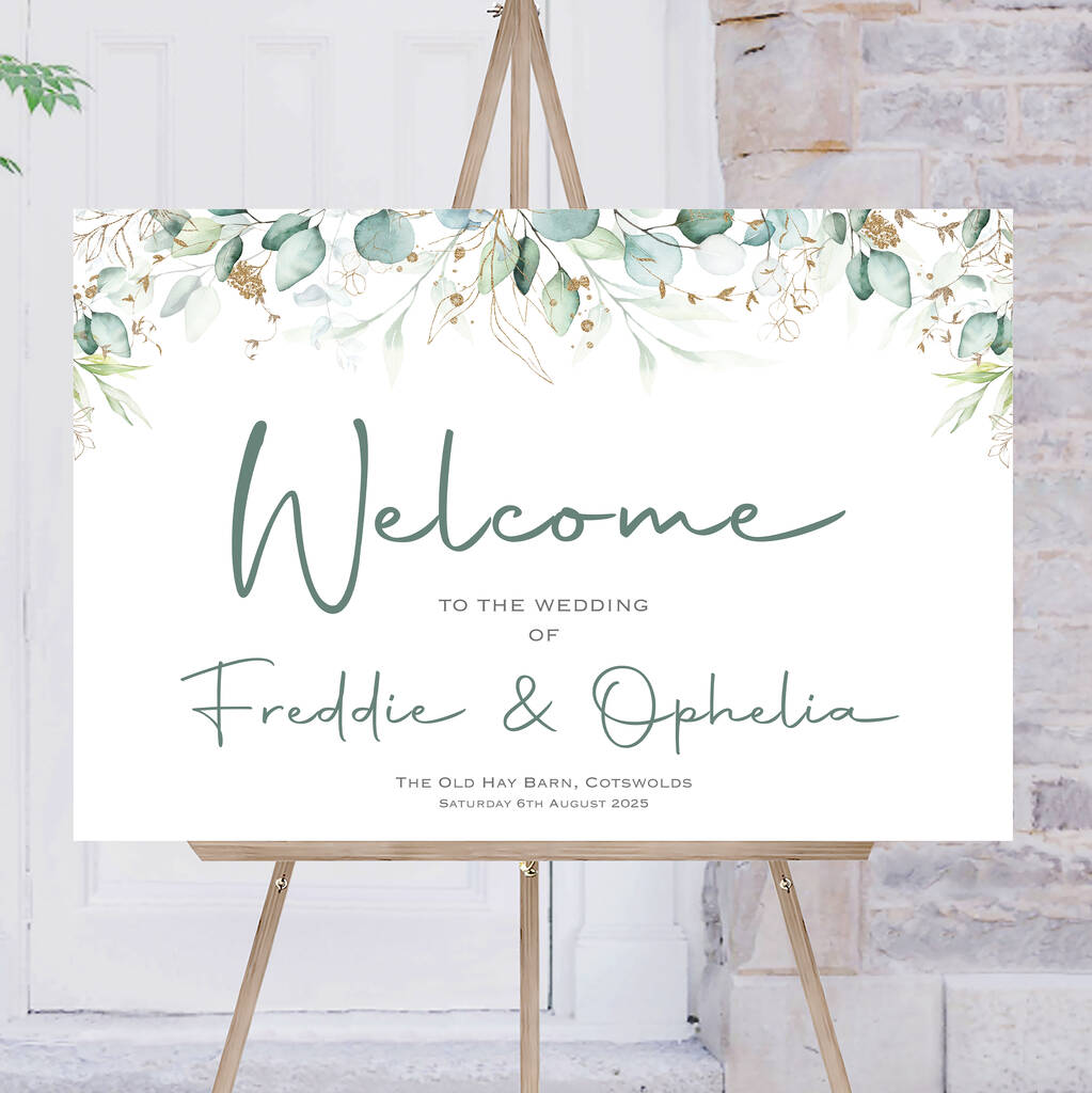 Wedding Welcome Sign Green And Gold Leaf By Ottie Design