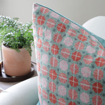 Large Pink And Turquoise Geometric Wool Cushion, 2 of 3