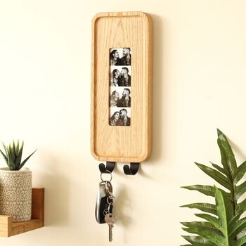 Solid Oak Photobooth Strip Frame Key Holder With Photo Printing, 5 of 9