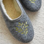Felt Embroidered Ballerina Slippers/ Grey/ Green/ Daisy, thumbnail 3 of 7