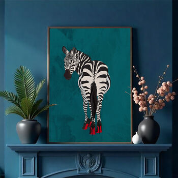Turquoise Zebra Wearing Heels Original Art Print, 3 of 12