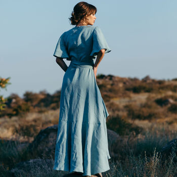 Long Bohemian Wrap Linen Dress With Frill Details, 4 of 10