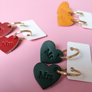 'Mr And Mrs' Small Leather Heart Keyring, 2 of 7