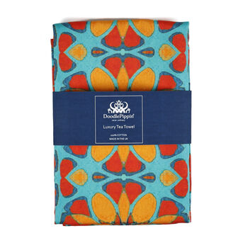 Moroccan Flower Blue Orange Tea Towel, 2 of 11