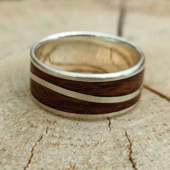 Silver Wave Ring With Dark Oak Inlay, 2 of 10