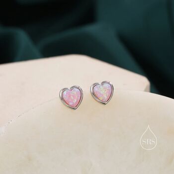 Sterling Silver Pink Opal Heart Screw Back Earrings, 2 of 10