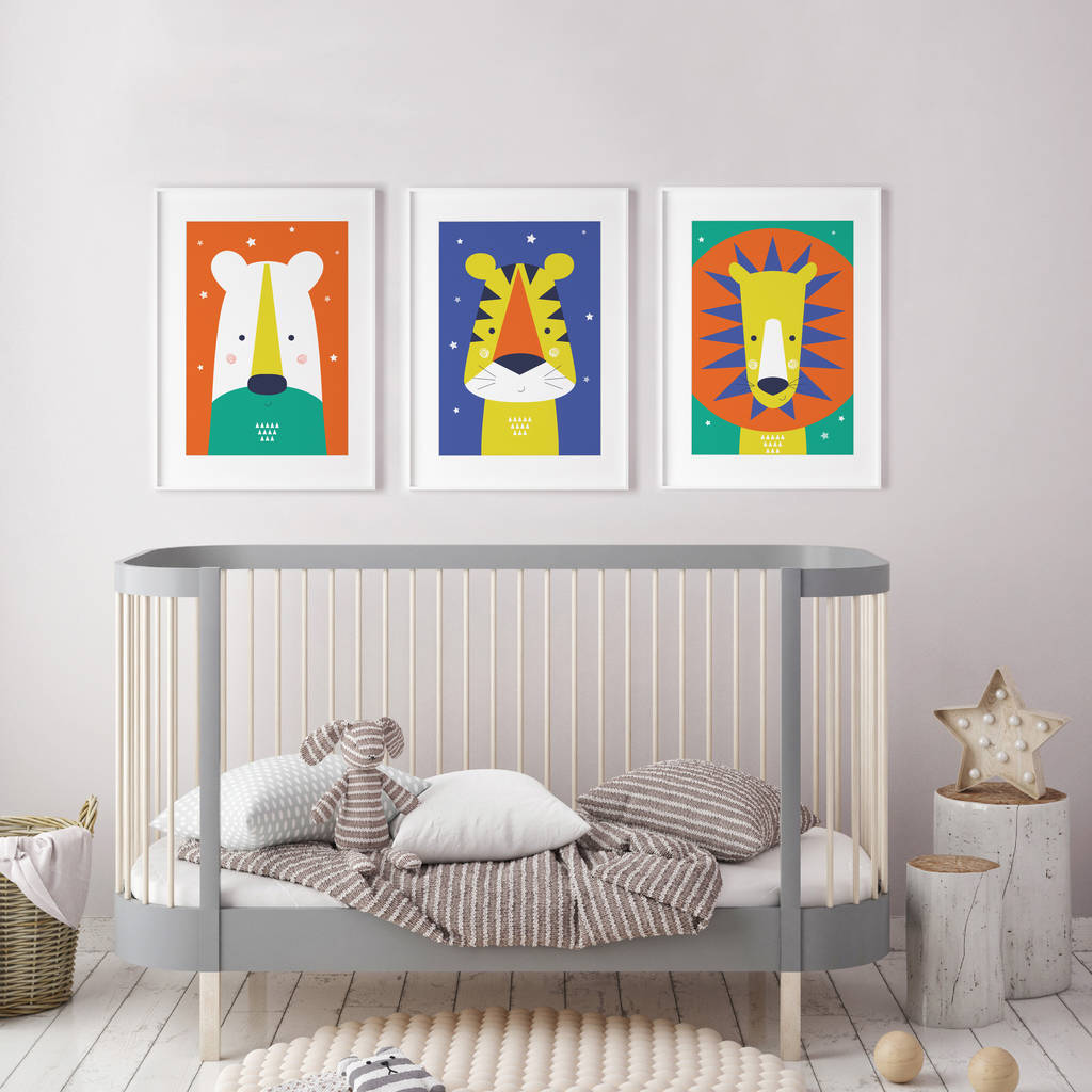 animal nursery wall art trio bright and modern baby by paper joy