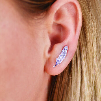 Sterling Silver Feather Detailed Ear Climbers, 4 of 8