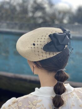 Straw Beret Occasion Hat With Black Bow 'Penelope', 5 of 10