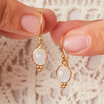 White Moonstone Oval Gold And Silver Drop Hook Earrings, 4 of 11