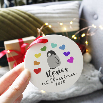 Baby First Christmas Rainbow Penguin Decoration, 6 of 9