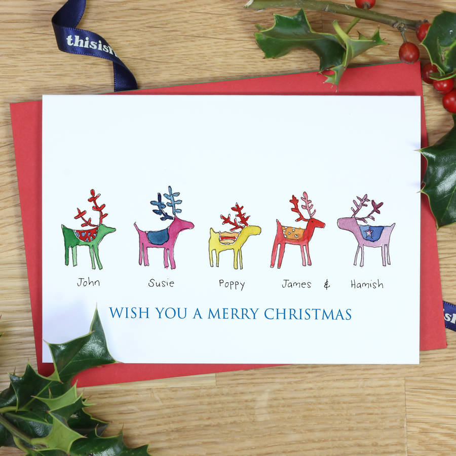 personalised rainbow reindeer family christmas cards by this is nessie. | notonthehighstreet.com