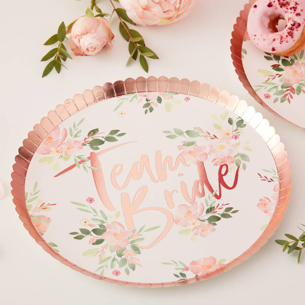Rose Gold Floral Team Bride Hen Party Paper Plates, 1 of 3