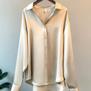 Beige Silk Satin Plain Long Sleeve Loose Shirt, 6 of 6