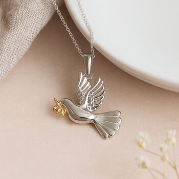 Personalised Sterling Silver Dove Pendant With Gold Olive Branch, 2 of 8