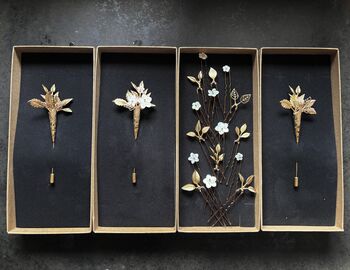 The Margot Buttonhole Mother Of Pearl Carved Shell Gold Silver Handmade Lapel Pin Bouttoniere, 8 of 8