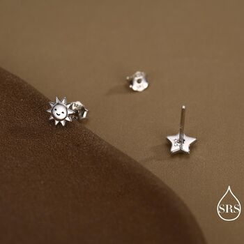 Tiny Mismatched Sun And Star Stud Earrings In Sterling Silver, 6 of 12