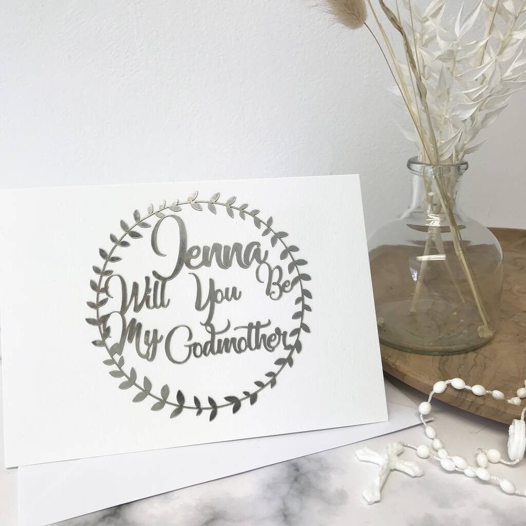 Personalised Silver Garland Be My Godmother Card, 1 of 8