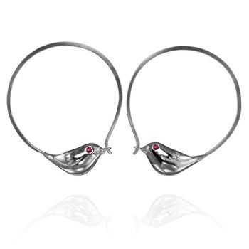 Silver Bird Hoop Earrings With Rubies, 3 of 6