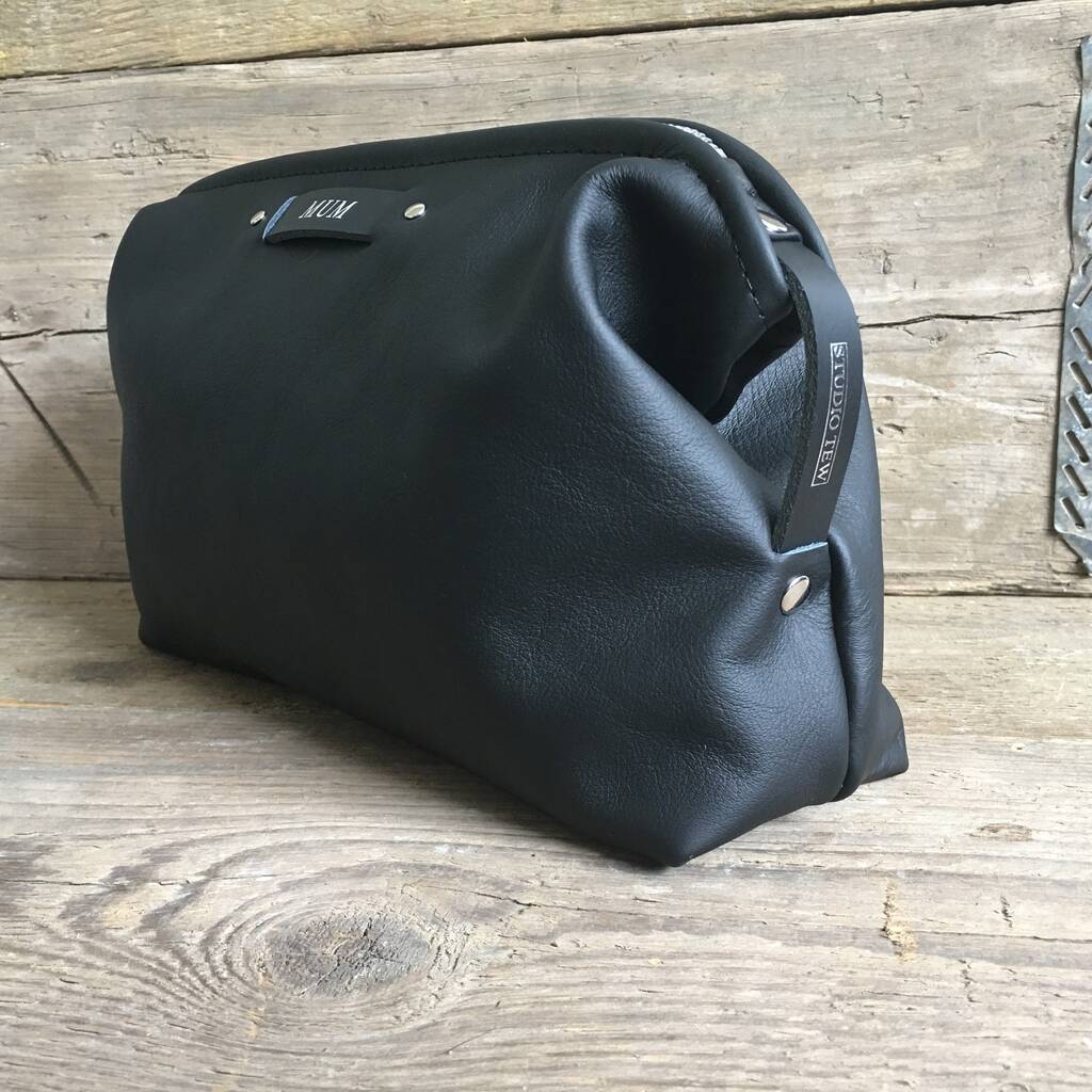 Unisex Personalised Toiletry Bag In Black Leather By Studio Tew