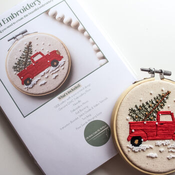 Red Christmas Truck With Tree And Snowy Scene Beginner Embroidery Kit, Hand Embroidery, 5 of 6