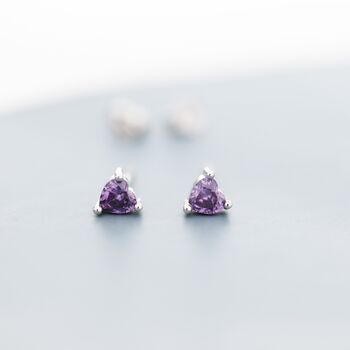 Sterling Silver Tiny Amethyst Purple Cz Heart Stud Earrings, 3 of 12