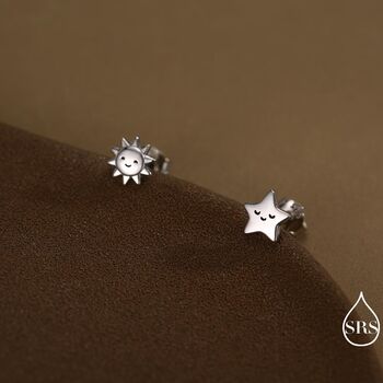 Tiny Mismatched Sun And Star Stud Earrings In Sterling Silver, 4 of 12