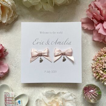 Handmade New Baby Card. Satin Bow With Charm. Twins, 7 of 7