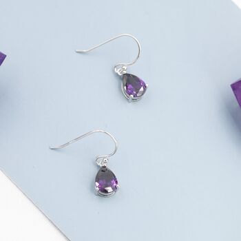 Sterling Silver Dark Amethyst Purple Pear Cut Cz Drop Earrings, 3 of 12