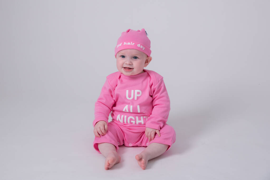 Baby Sleepsuit, Up All Night, Cotton Baby Grow, Gift Pink Or Grey, 1 of 9