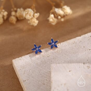 Sterling Silver Blue Cz Flower Internally Threaded Flat Back Earrings, 5 of 11