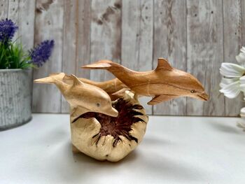 Hand Carved Wooden Dolphin Family Sculpture Ornament, 7 of 10