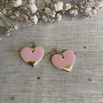 Pink Heart Ceramic Earrings 22k Gold Lustre, 3 of 4