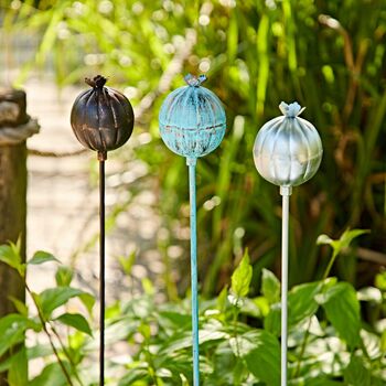 Recycled Iron Poppy Seed Head Garden Stake Decoration, 6 of 12