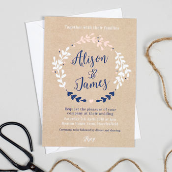 Hannah Navy And Nude Pink Wreath Wedding Invitations, 2 of 3