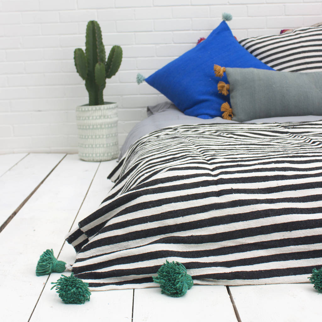 Handwoven Cotton Stripe Pom Pom Blanket, Green Poms By Bohemia