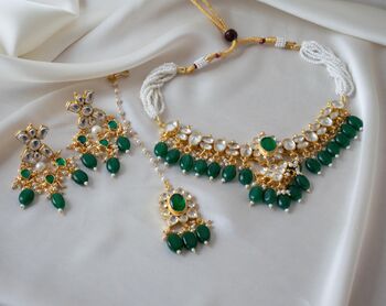 Amala Gold Plated Emerald Green Kundan Jewellery Set, 4 of 5