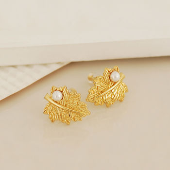 Gold Plated Leaf Earrings With Pearl, 4 of 6