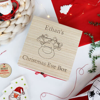 Personalised Engraved Wooden Christmas Eve Box – Reindeer Face Design, 2 of 5