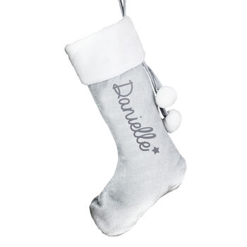 Personalised Name Star Silver Grey Christmas Stocking, 4 of 4