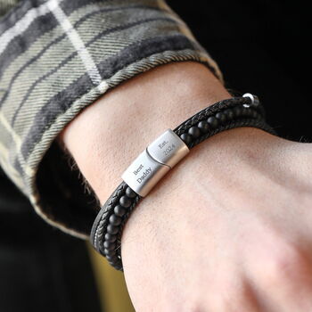 Men's Personalised Black Leather Stainless Steel Agate Bracelet, 2 of 7