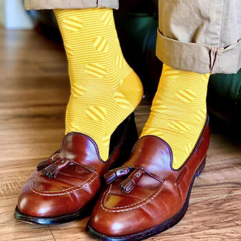 Polka Stripe Yellow And Ribbon Stripe Pine Men's Socks, 4 of 5