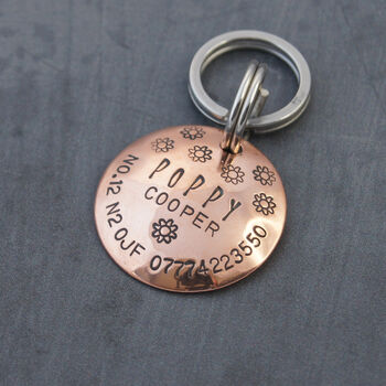 Dog ID Tag. Personalised Domed Copper Disc With Flowers, 8 of 10
